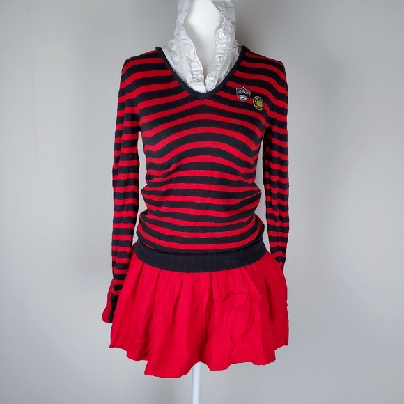 H&M Red Black Striped Attached Collar Academia Sweater - Picture 3 of 8